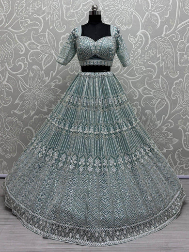 Spectacular Sky Blue Hand Wok Net Bridesmaid Lehenga Choli With Dupatta - Ethnic Plus In